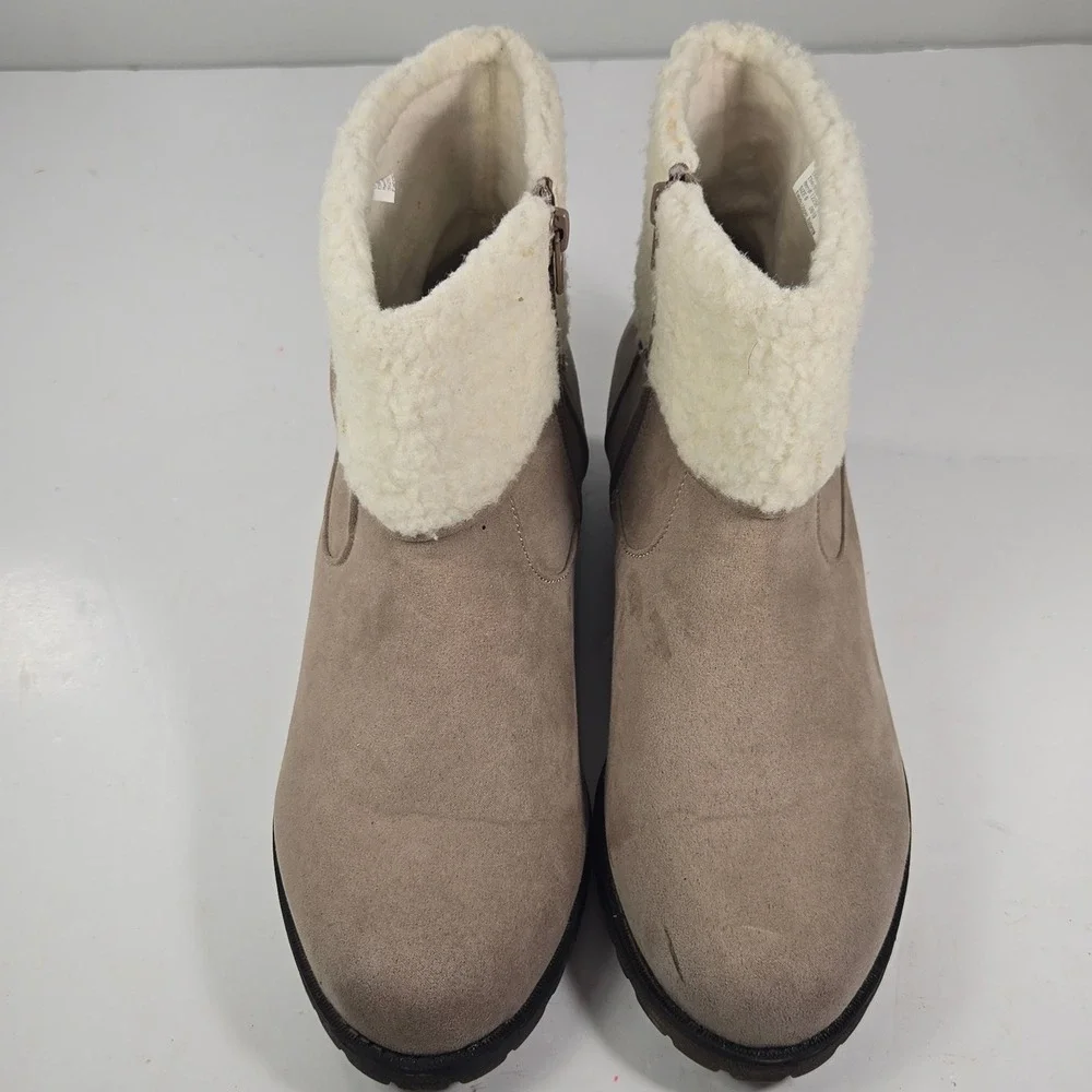 Serra‎ Shearling Trim Ankle Boots Womens 9 Tan Faux Suede Buckle Zip